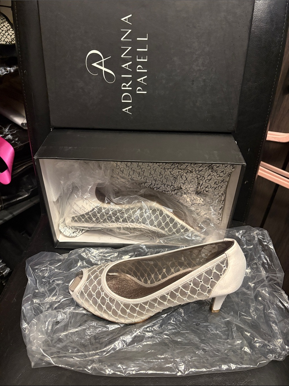 Adrianna Papell Ivory Mesh Peep-Toe Low Heel Pumps